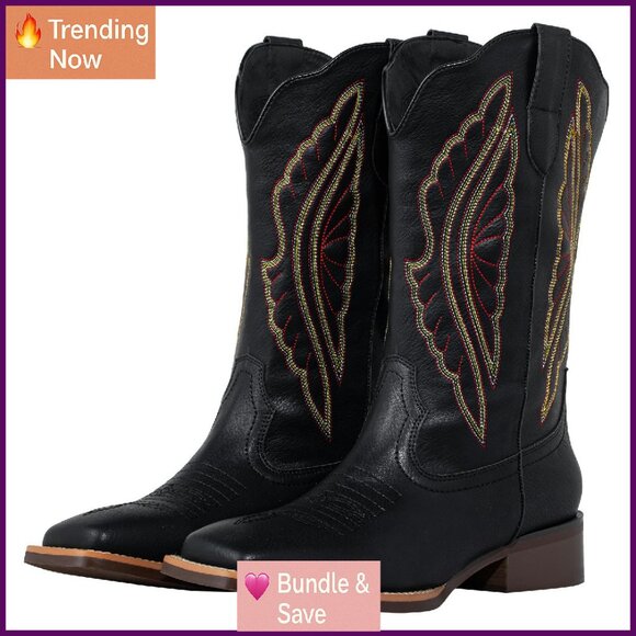 Square Toe Cowboy Boots Wide Calf Western Fashion Boots Women - Picture 1 of 8